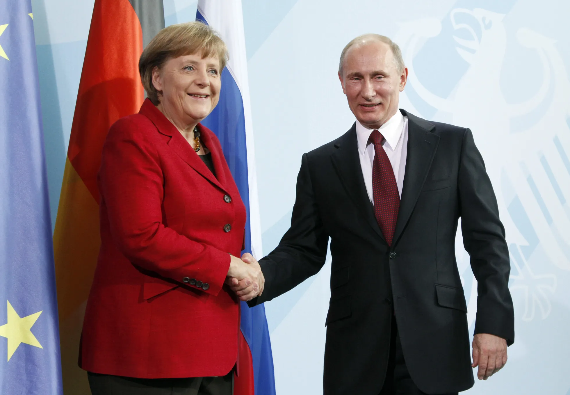 Angela Merkel and&nbsp;Vladimir Putin in Berlin on June 1, 2012.