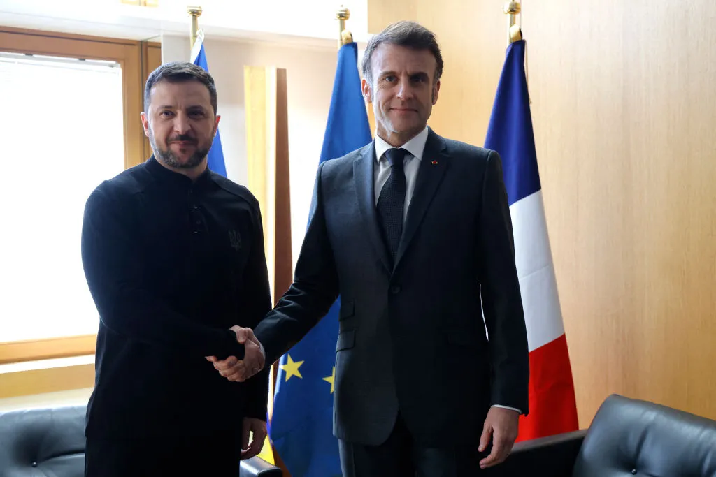 Ukraine's President Volodymyr Zelensky meets France's President Emmanuel Macron on the sidelines of the EU summit in Brussels March 6.&nbsp;&nbsp;