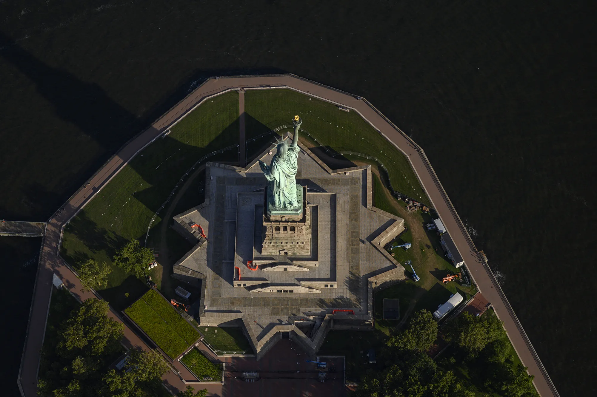 An aerial view shows the Statue of Liberty in New York on August 5, 2021.