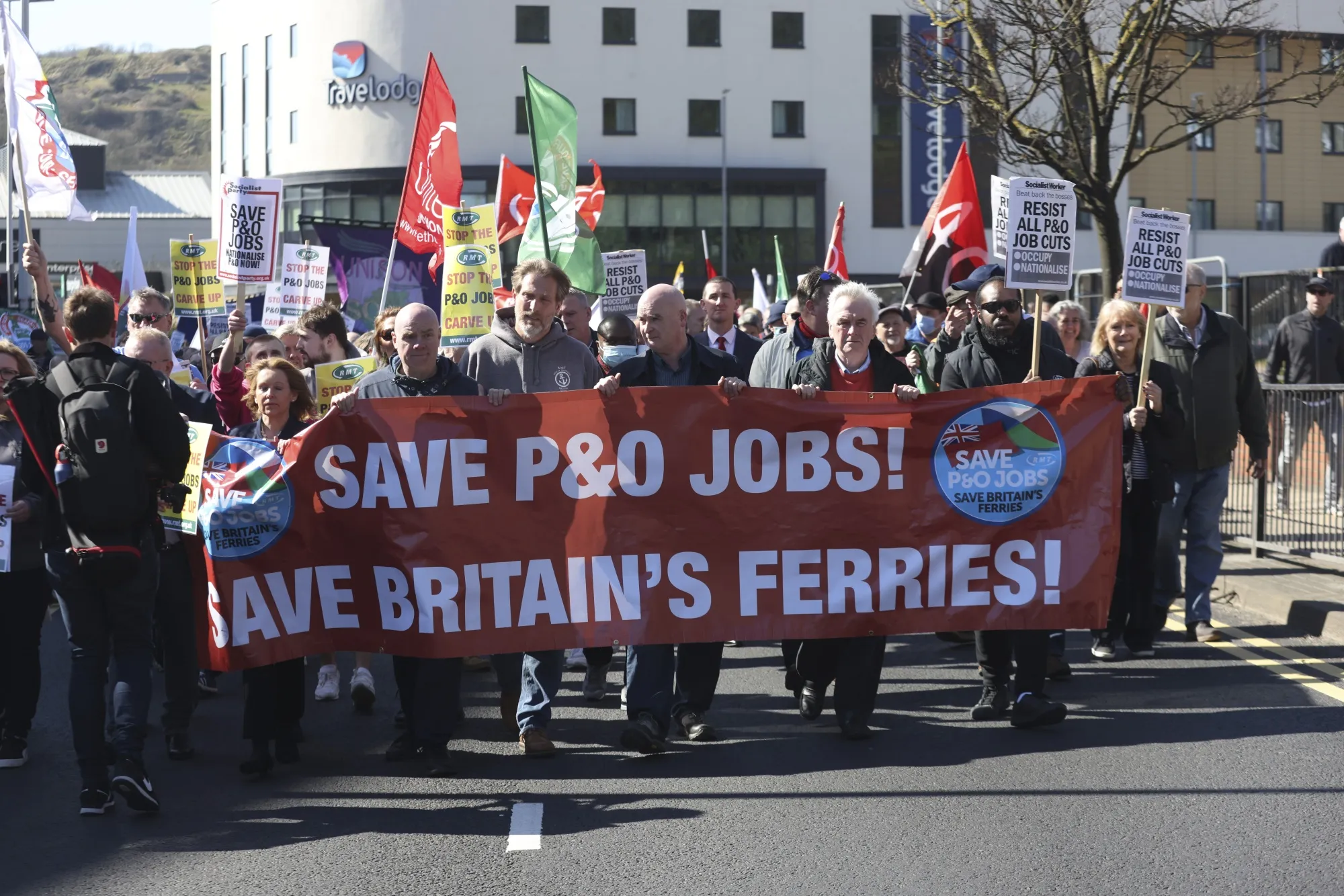Protesters demonstrate against the sacking of P&amp;O Ferries seafarers near the Port of Dover on March 18.