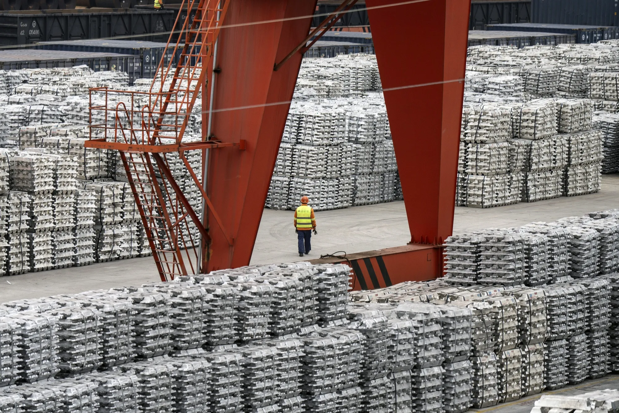 An aluminum stockyard in Wuxi, Jiangsu province, China.