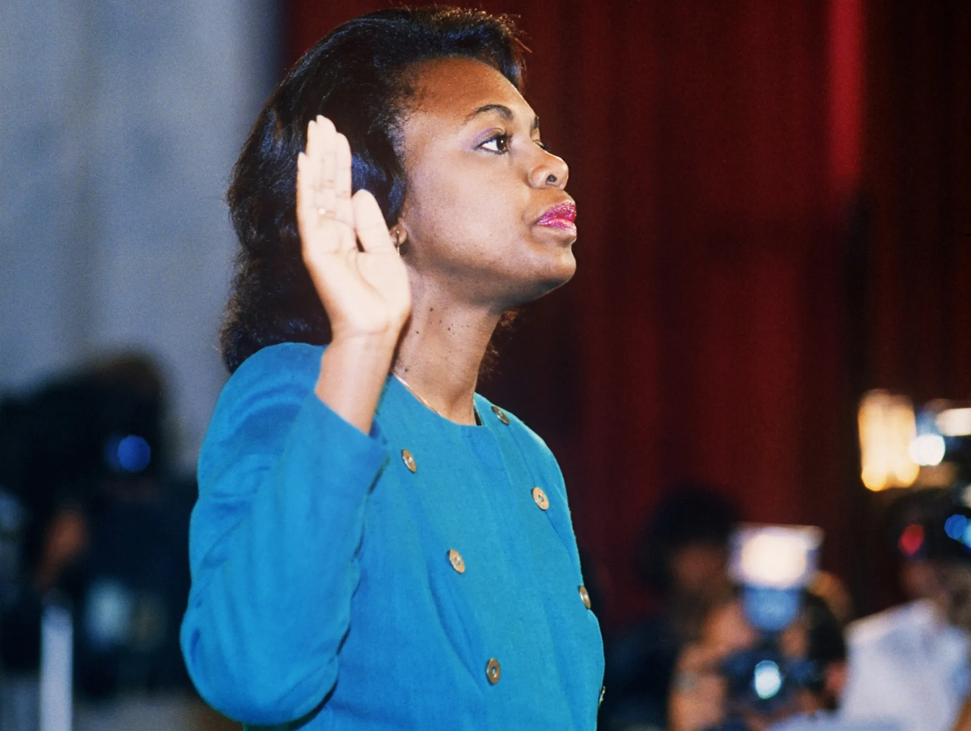 Anita Hill stands before the Senate Judiciary Committee on Oct. 12, 1991.