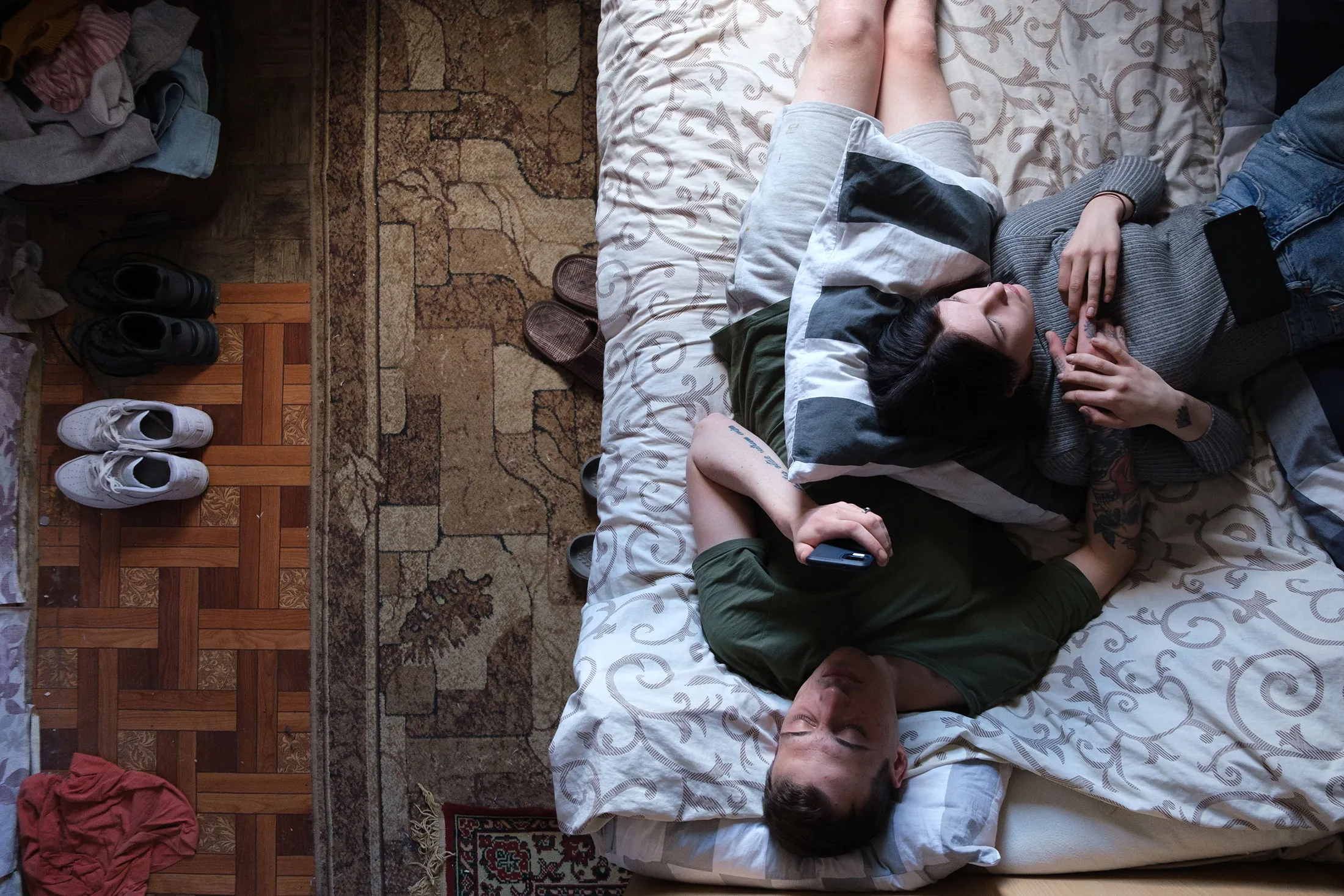 Sasha and Nastia left Kharkiv after the Russian invasion and now live in a former student dorm in Lviv. Sasha, who’d worked in a cafe, spends his days watching the news or helping his dorm mates.&nbsp;