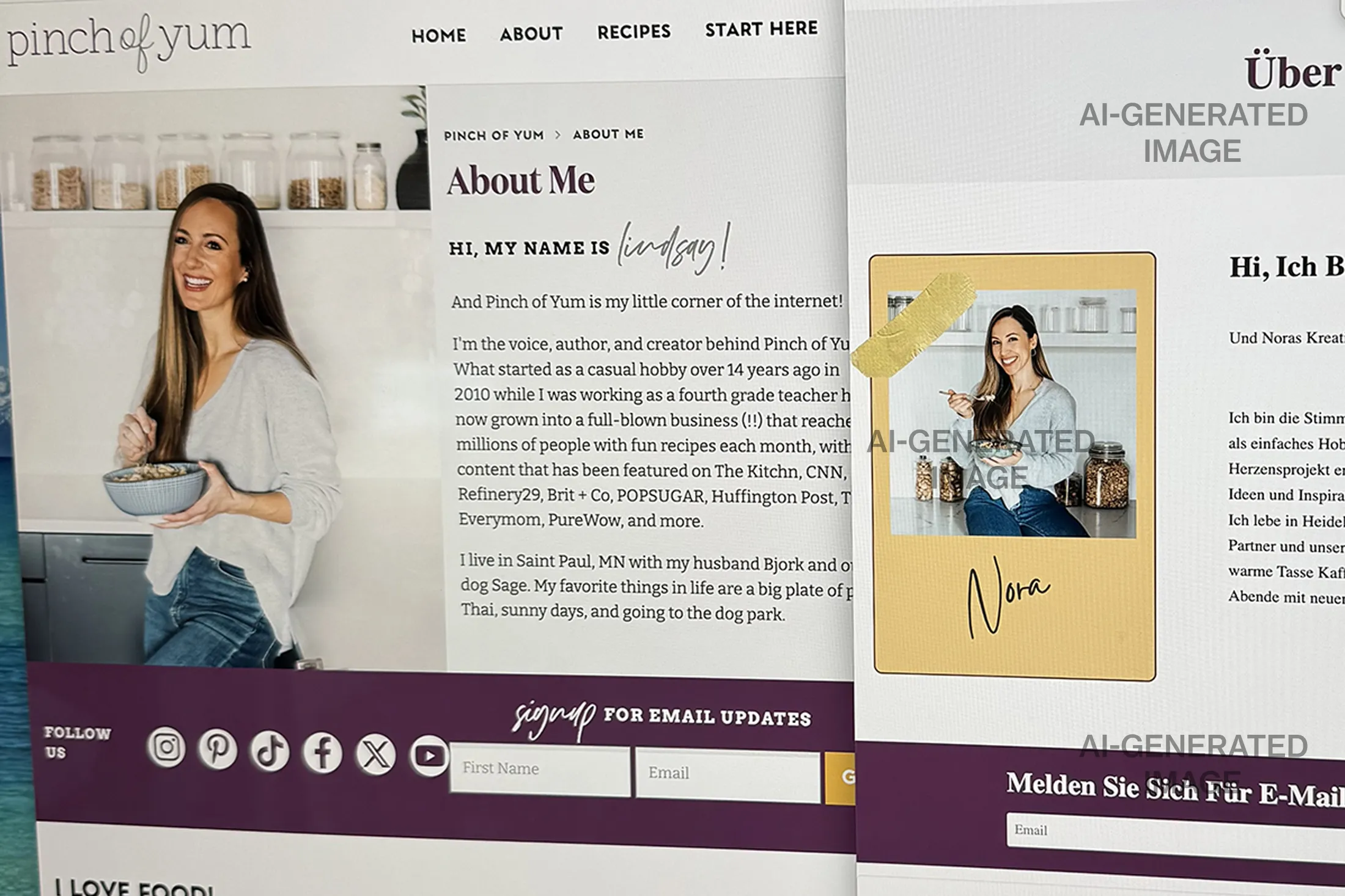 Creator Lindsay Ostrom of Pinch of Yum, left, beside an AI-generated, look-alike image labeled “Nora” on a German site.