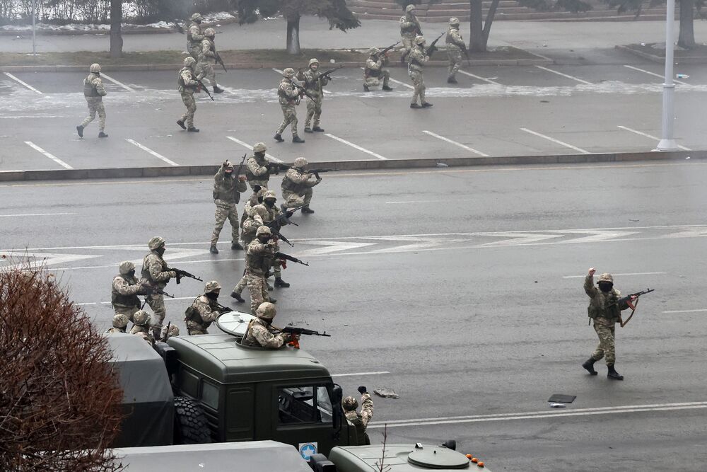 Security forces advance on protesters in Almaty, Kazakhstan, on Jan. 5.