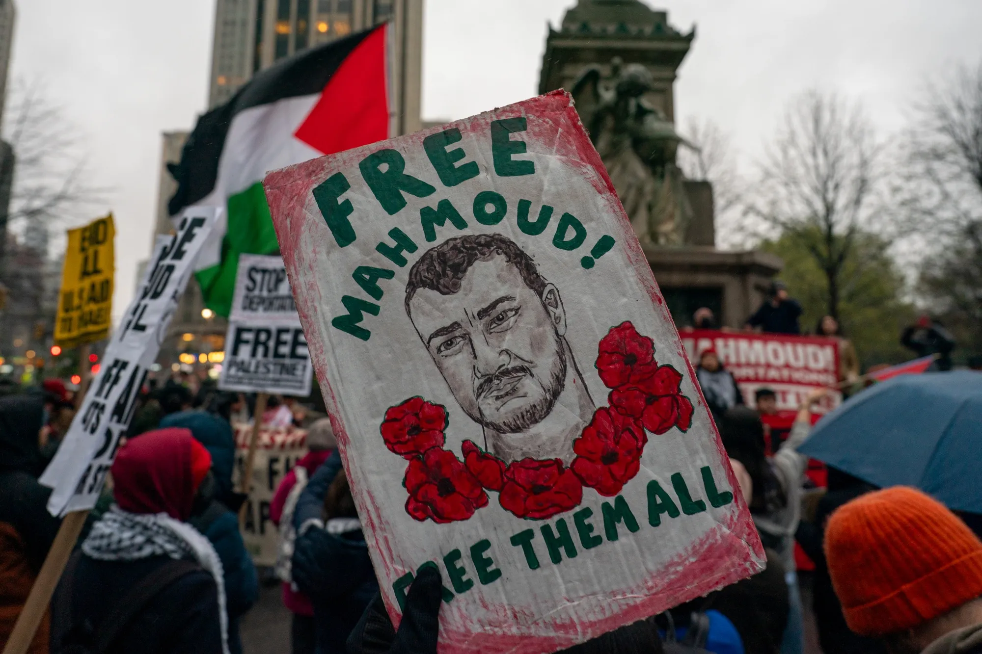 Demonstrators demand the release of detained Columbia University graduate student Mahmoud Khalil and the other students during a protest in New York City.