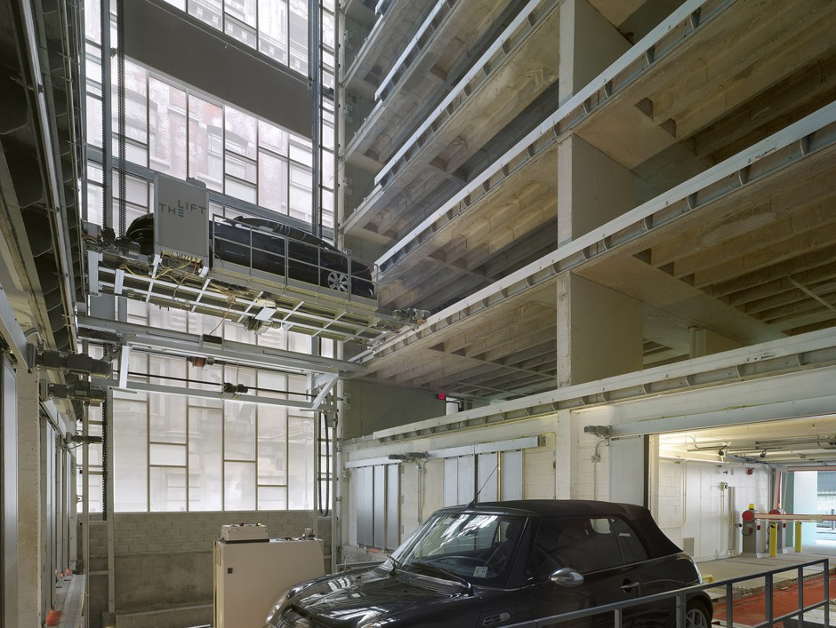 By parking cars automatically, The Lift in Philadelphia can have twice as many stalls (220 on 8 floors) as a conventional parking structure.