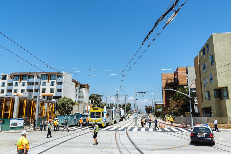 A test run of an Expo light rail train in L.A. takes place in summer 2015.