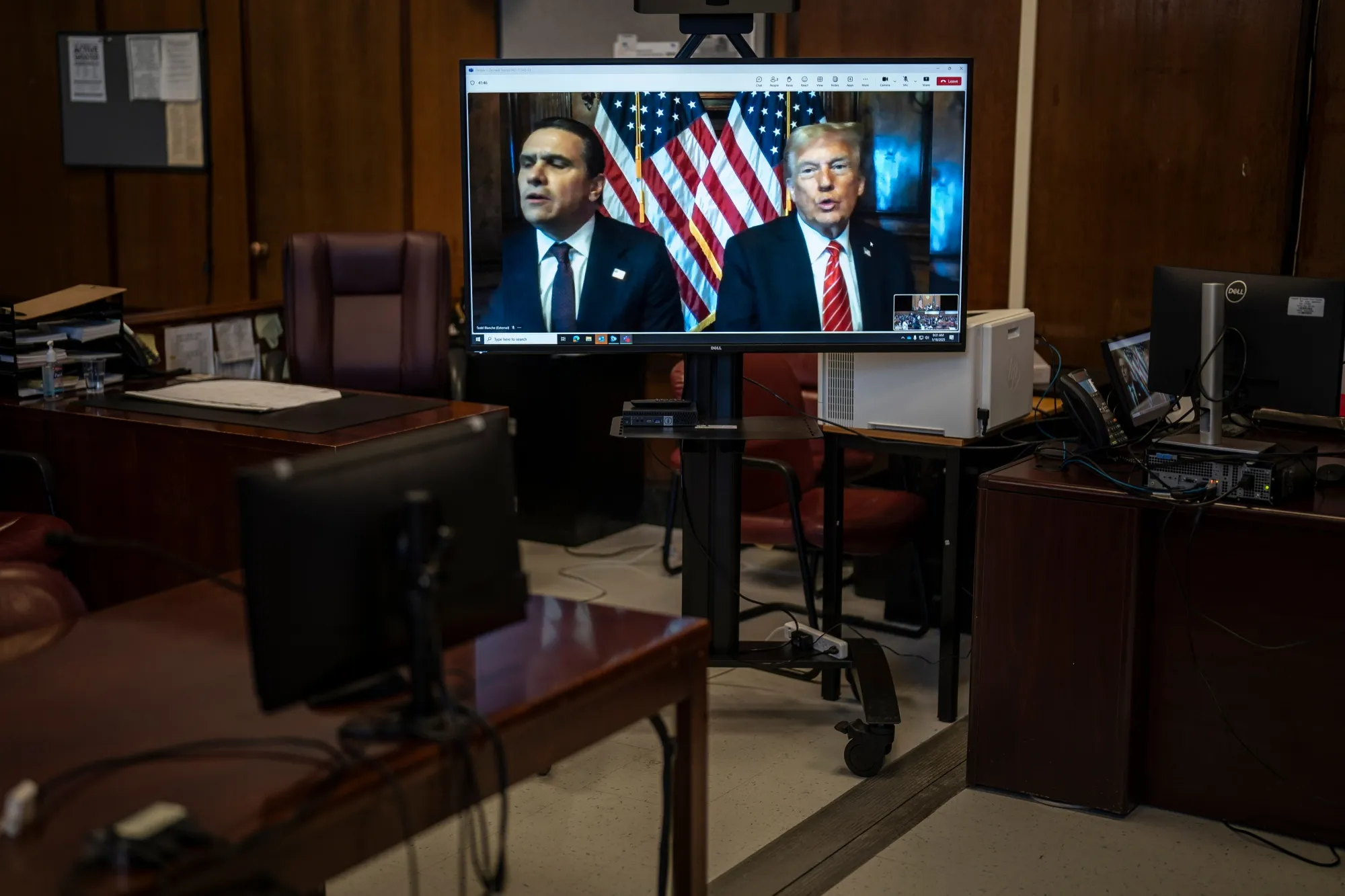 Donald Trump&nbsp;and Todd Blanche appear virtually at Manhattan criminal court in New York on Jan. 10.