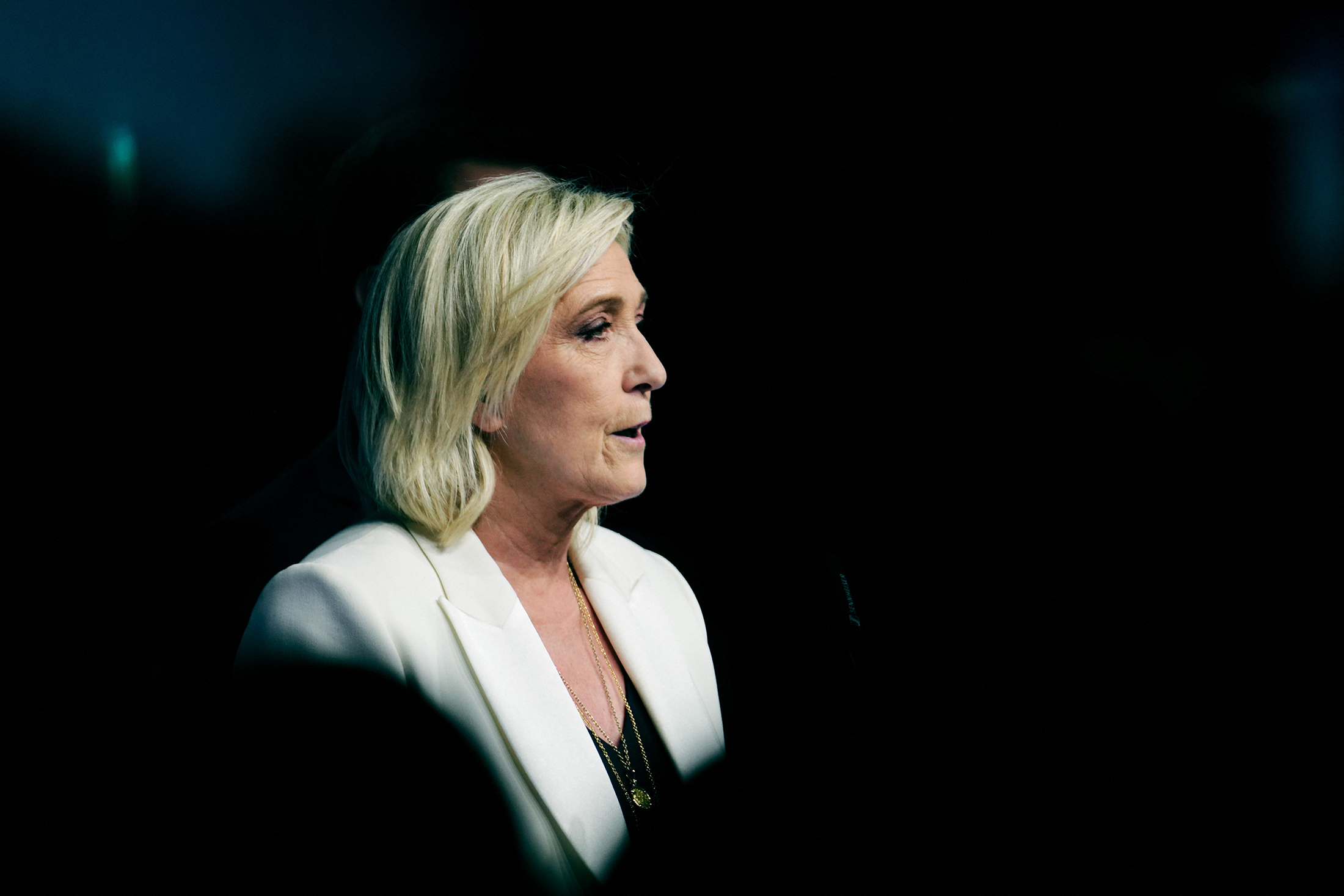 Marine Le Pen delivers a speech at the&nbsp;the Rassemblement National party headquarters following the European elections, in Paris, France on June 9.