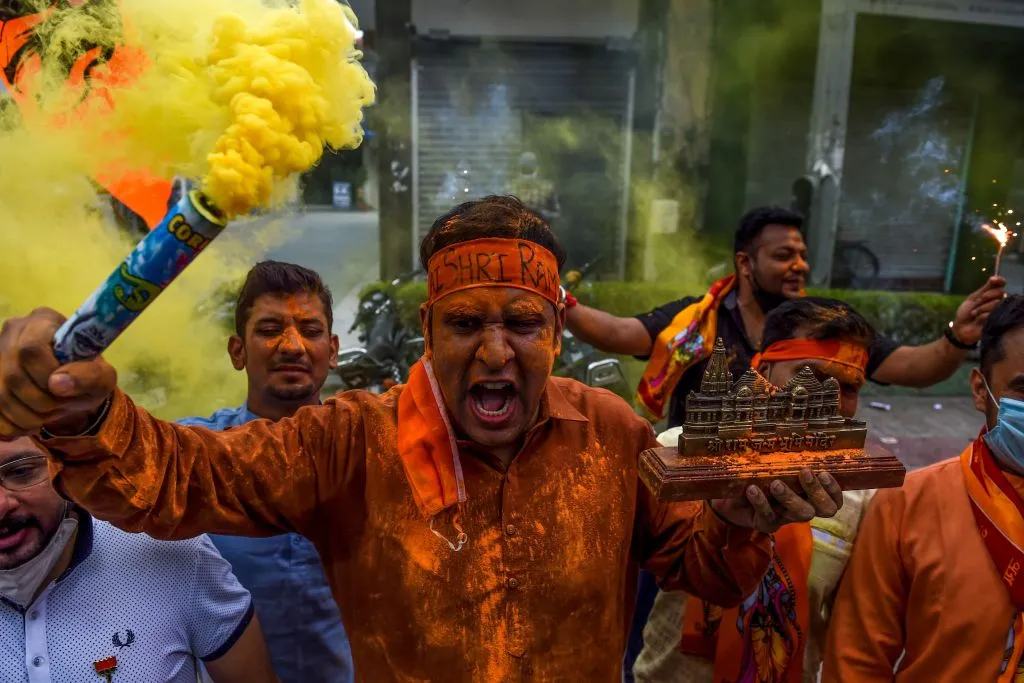 Hindus celebrate at the Ayodhya temple ceremony.&nbsp;