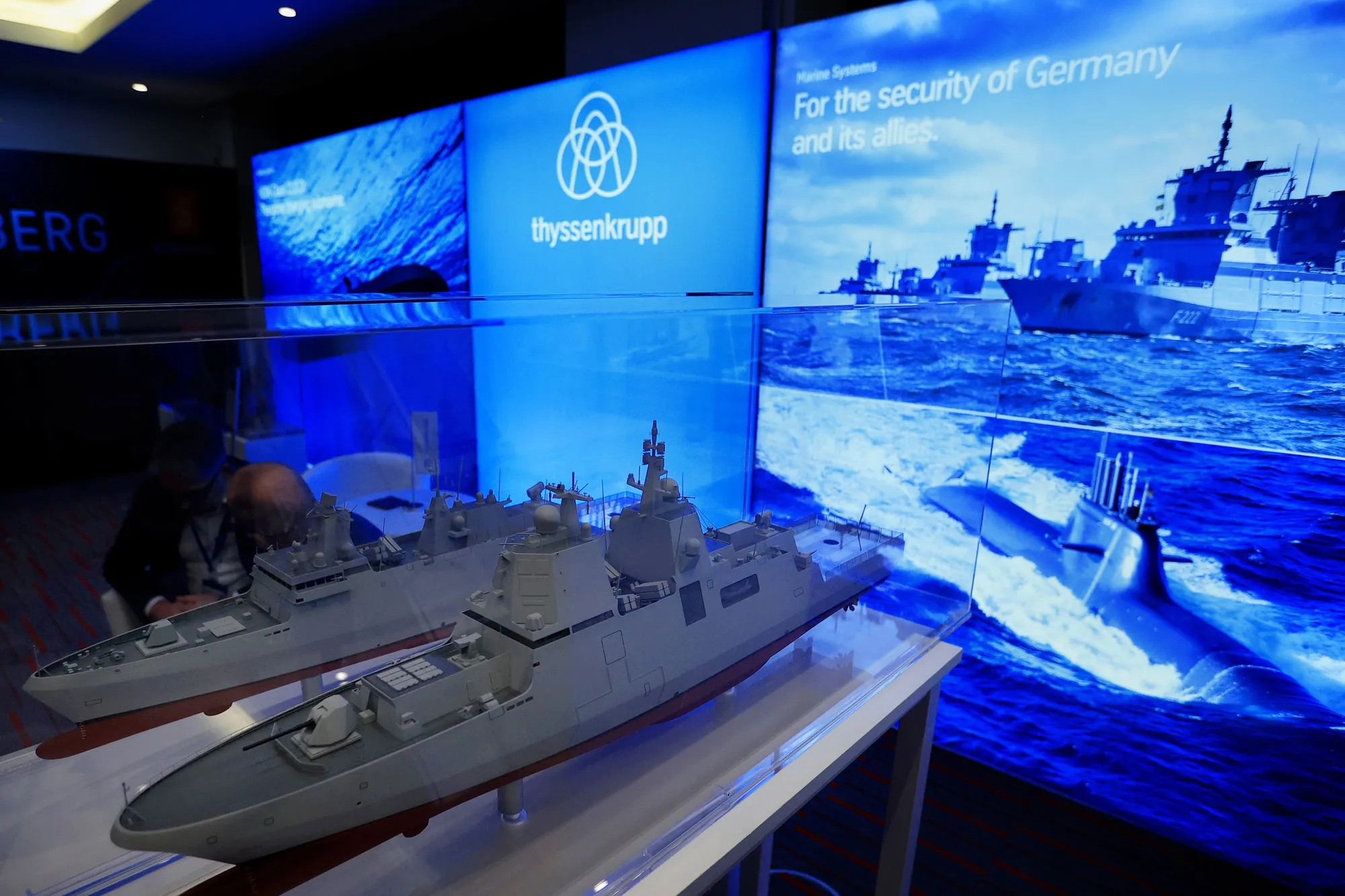 Models of military submarines at a Thyssenkrupp Marine Systems exhibit.