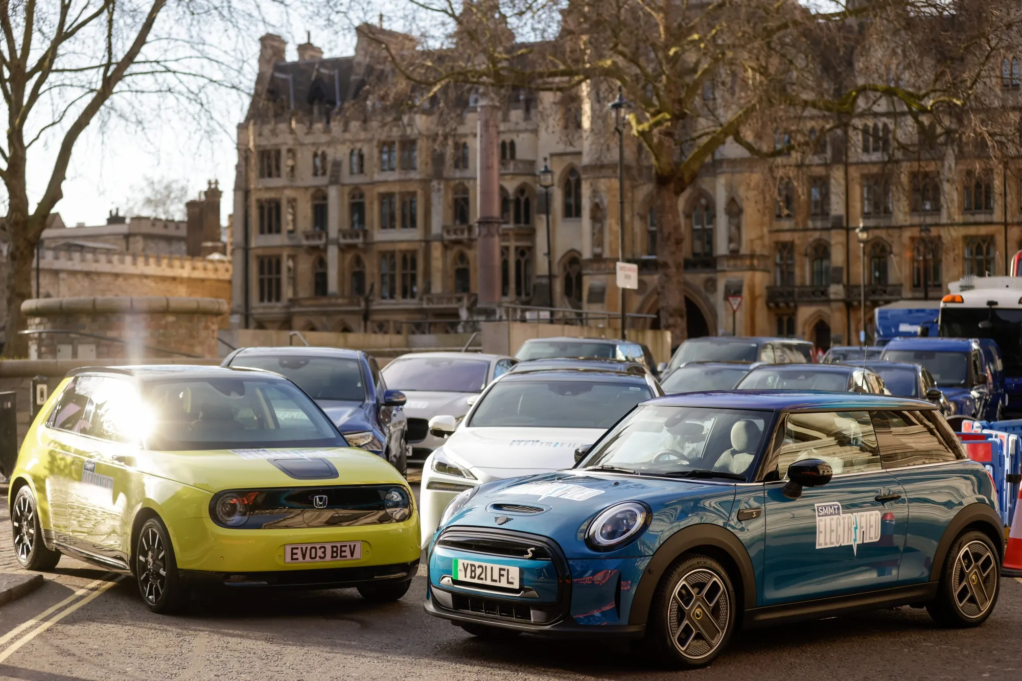 Electric automobiles parked in the Westminster district, during the launch of the Society of Motors Manufacturers and Traders (SMMT) Electrified 2021 Virtual Summit, in London.