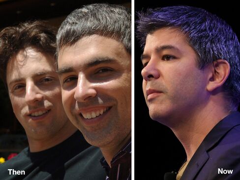 L-R: Sergey Brin and Larry Page, 2005; Travis Kalanick, 2014