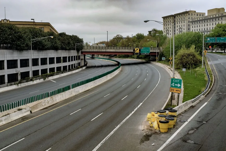 Traffic is light on Interstate 83 in Baltimore, but as lockdowns begin to lift, cars are poised to come back.