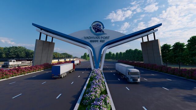 An artist rendering of Vadhvan Port depicting an arched entryway with trucks traveling in and out..   