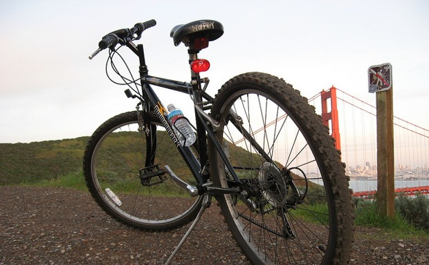 A mountain bike rests in Sausalito, California, where country park rangers are cracking down on speeding bikers.