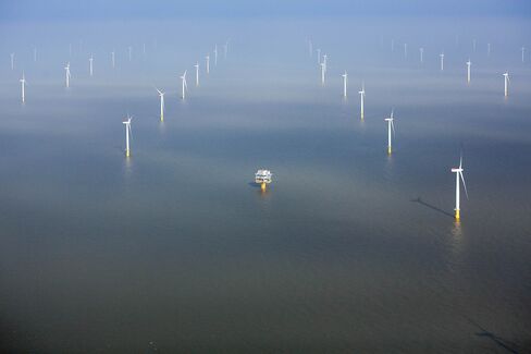 Wind turbines in the North Sea at the London Array offshore wind farm, a partnership between Dong Energy A/S, E.ON AG and Abu Dhabi-based Masdar.