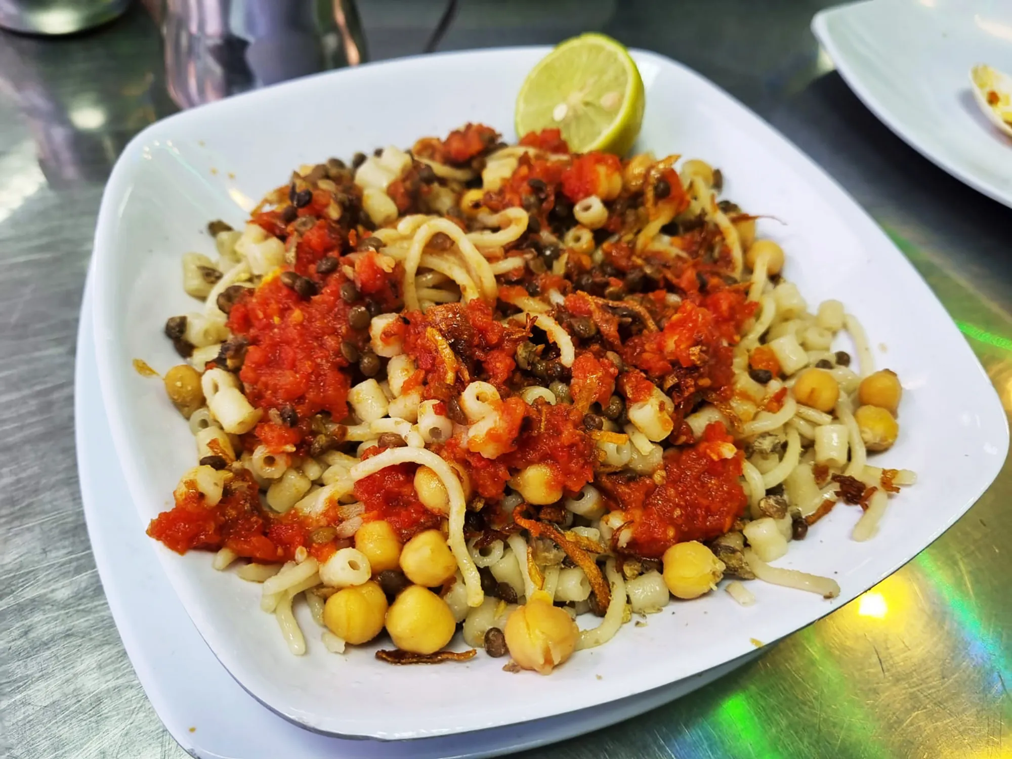 A dish of koshary in a Cairo restaurant.
