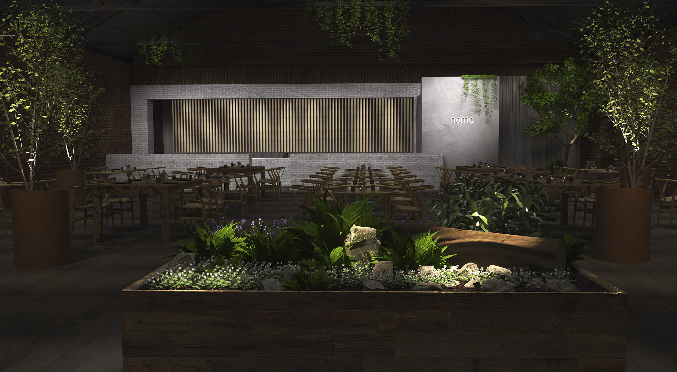 A rendering of the Noma dining room in Brooklyn, N.Y.