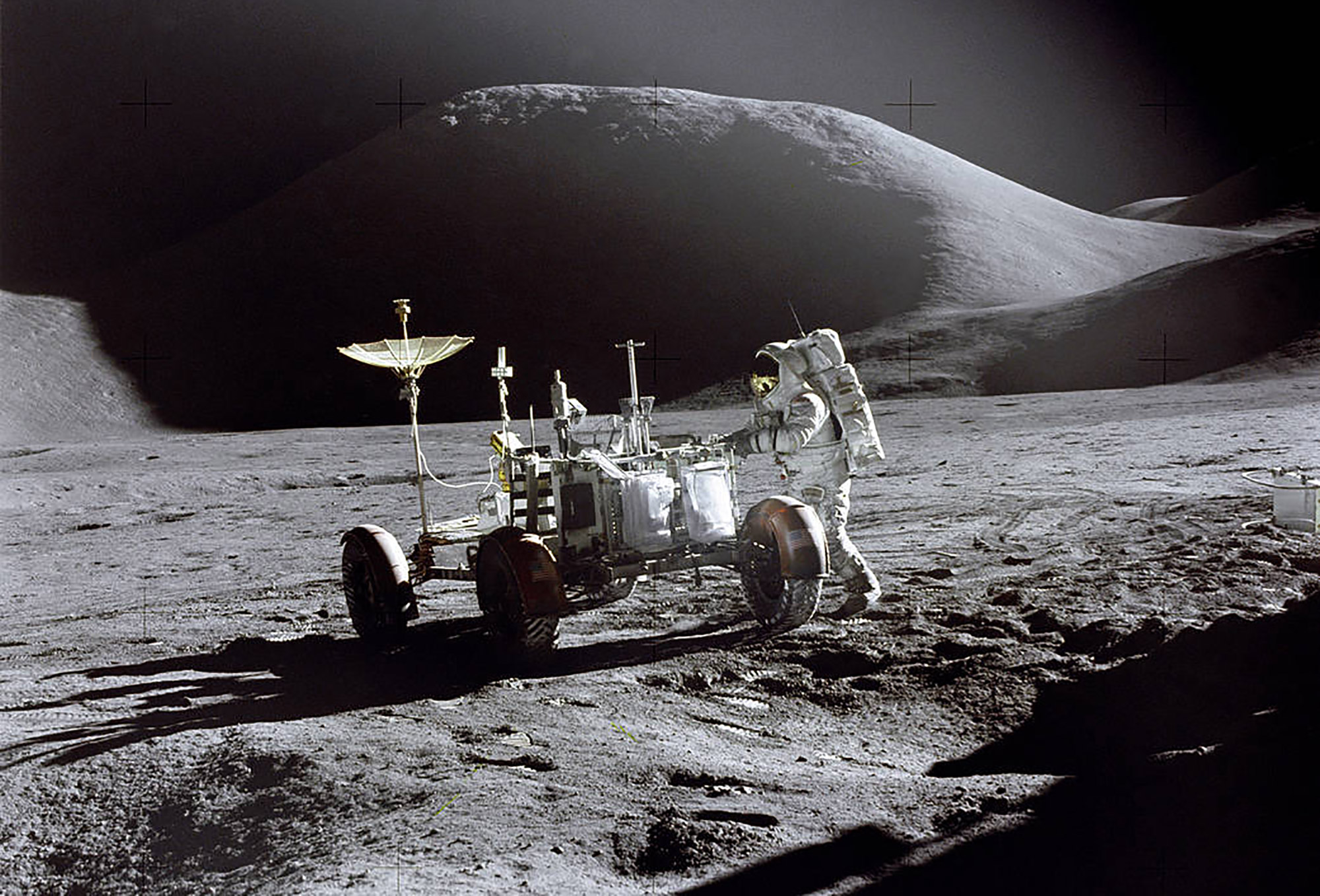 Lunar module pilot James Irwin works at the Lunar Roving Vehicle,&nbsp;1971.&nbsp;
