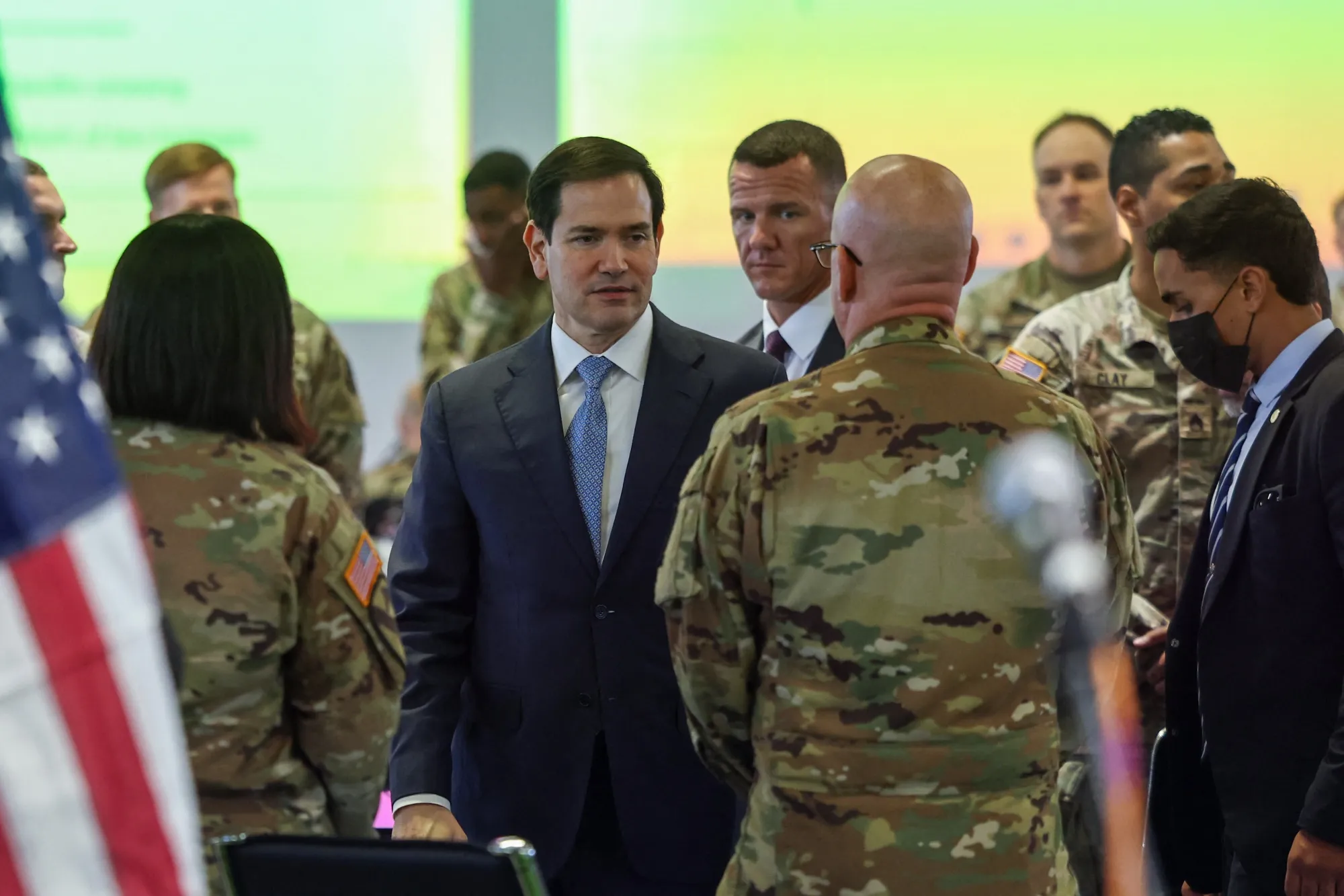 US Secretary of State Marco Rubio listens to military personnel during a visit to the Civil-Military Coordination Center in Israel on Oct. 24.&nbsp;