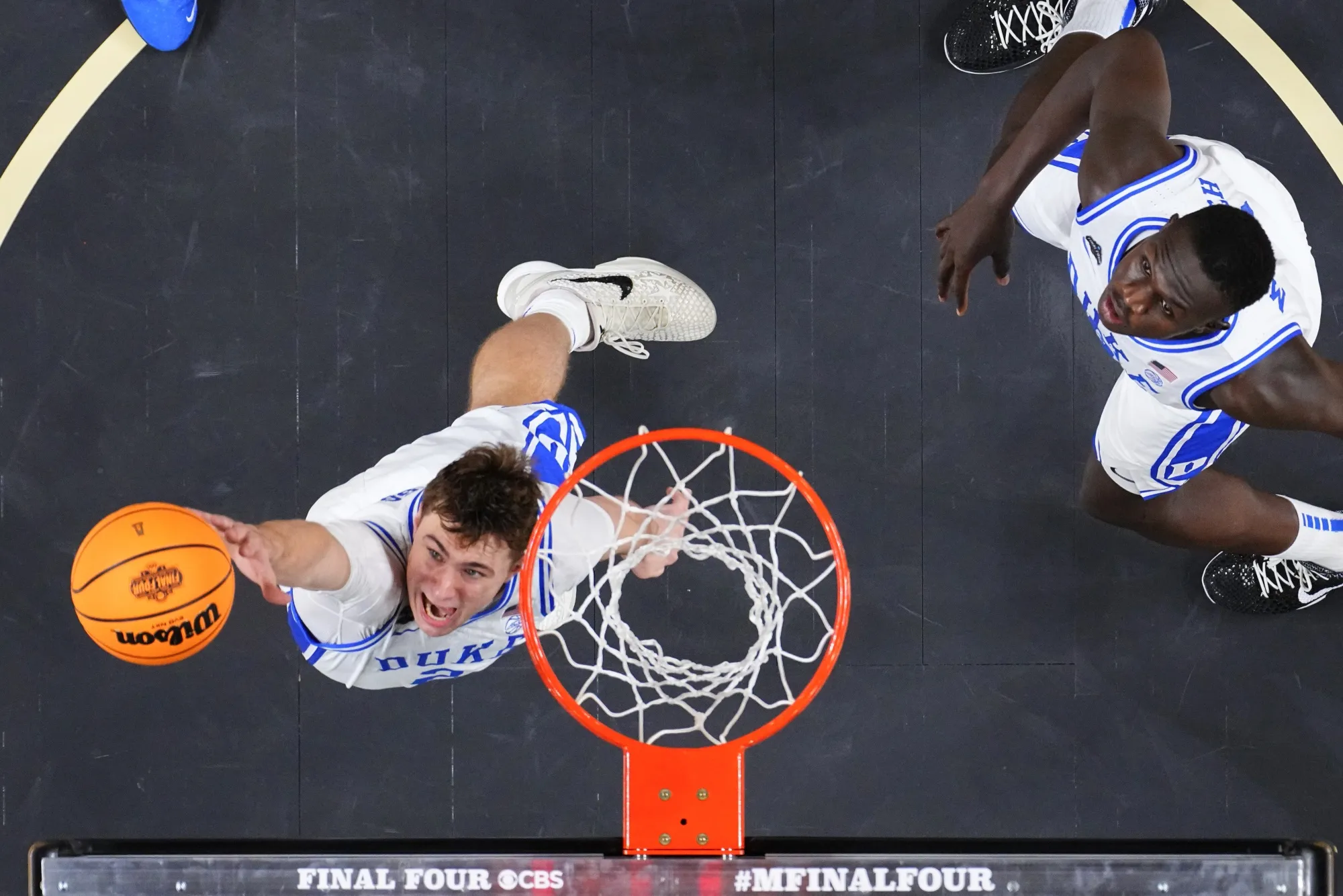 Cooper Flagg reaches for the ball during the Final Four Game of the NCAA Men's Basketball Tournament at Alamodome in San Antonio, Texas.