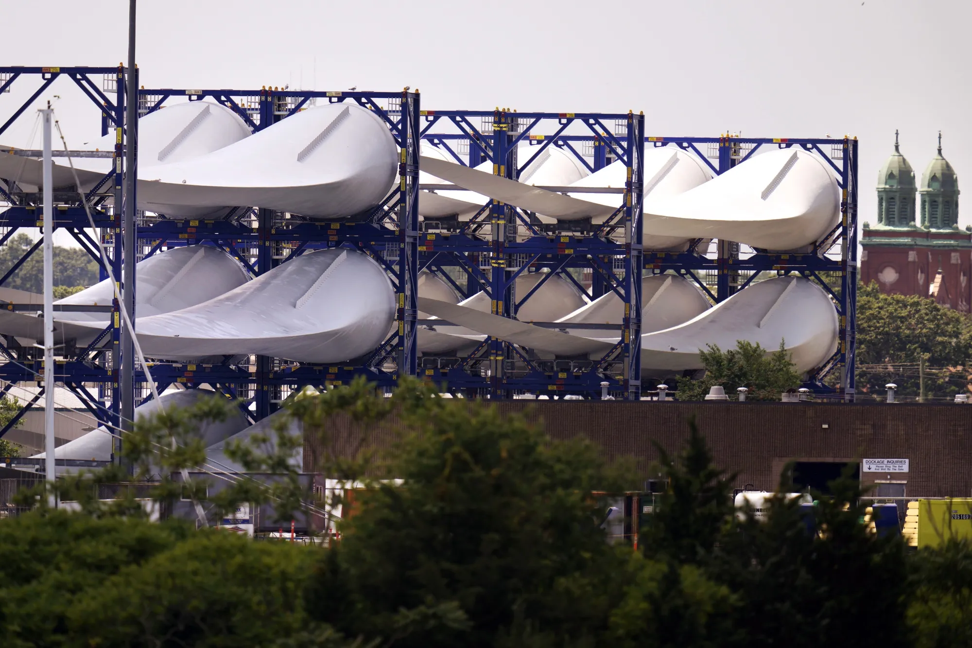 Wind turbine blades for the Vineyard Winds project stacked in New Bedford, Massachusetts.&nbsp;