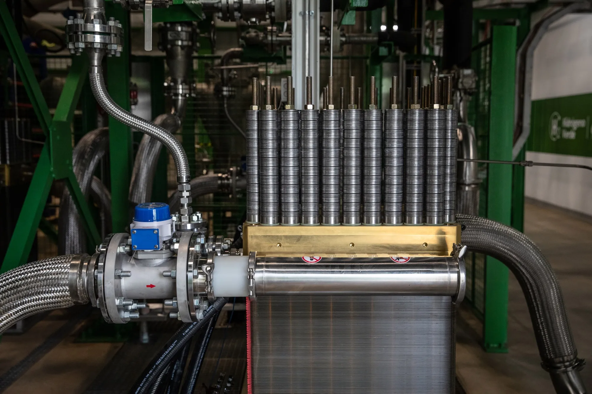 Cell stacks inside the electrolyzer area during the final stages of construction at Iberdola SA's Puertollano green hydrogen plant in Puertollano, Spain, on Thursday, May 19, 2022.&nbsp;