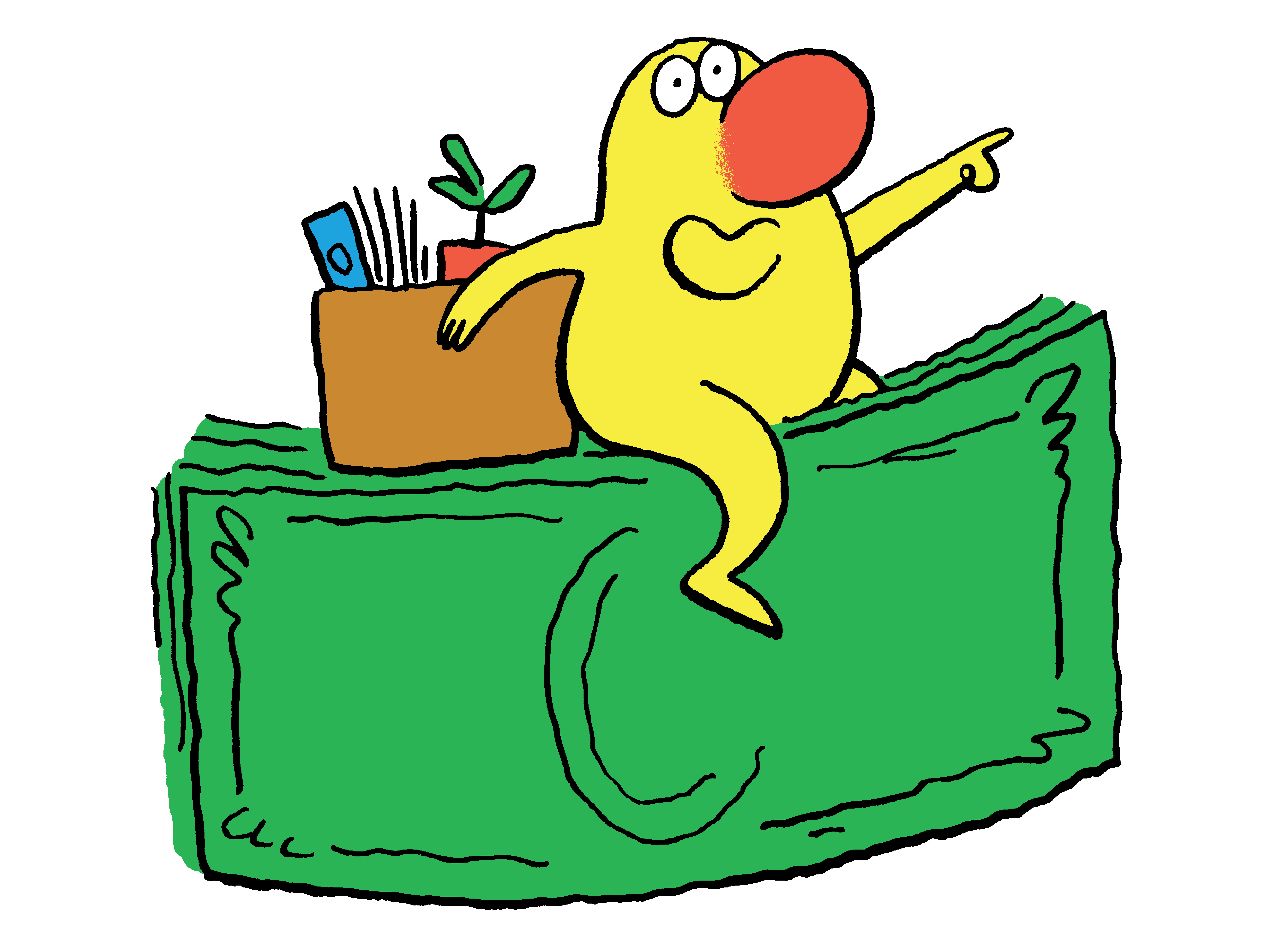 illustration of character riding a dollar bill