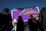 Attendees wait in line to enter the Google play space at CES 2020.