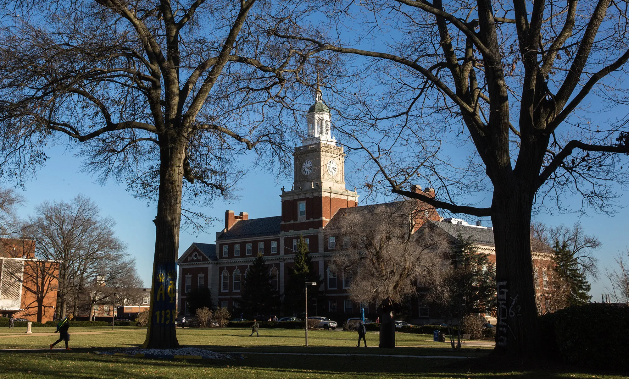 Students walk past the Founder’s Library at Howard University in Washington, D.C.