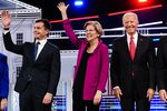 2020 presidential candidates Pete Buttigieg, mayor of South Bend, from left, Senator Elizabeth Warren, a Democrat from Massachusetts, and former U.S. Vice President Joe Biden.