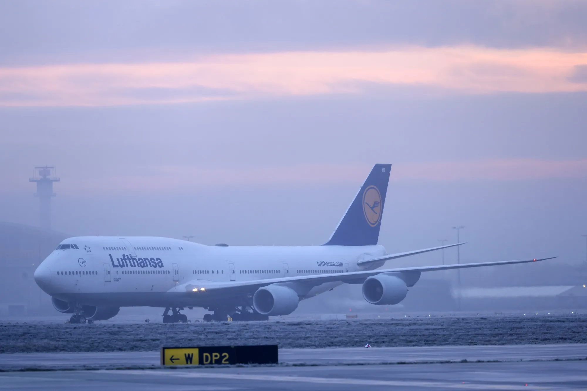 A Boeing 747 jet operated by Lufthansa, at Frankfurt Airport in 2023.