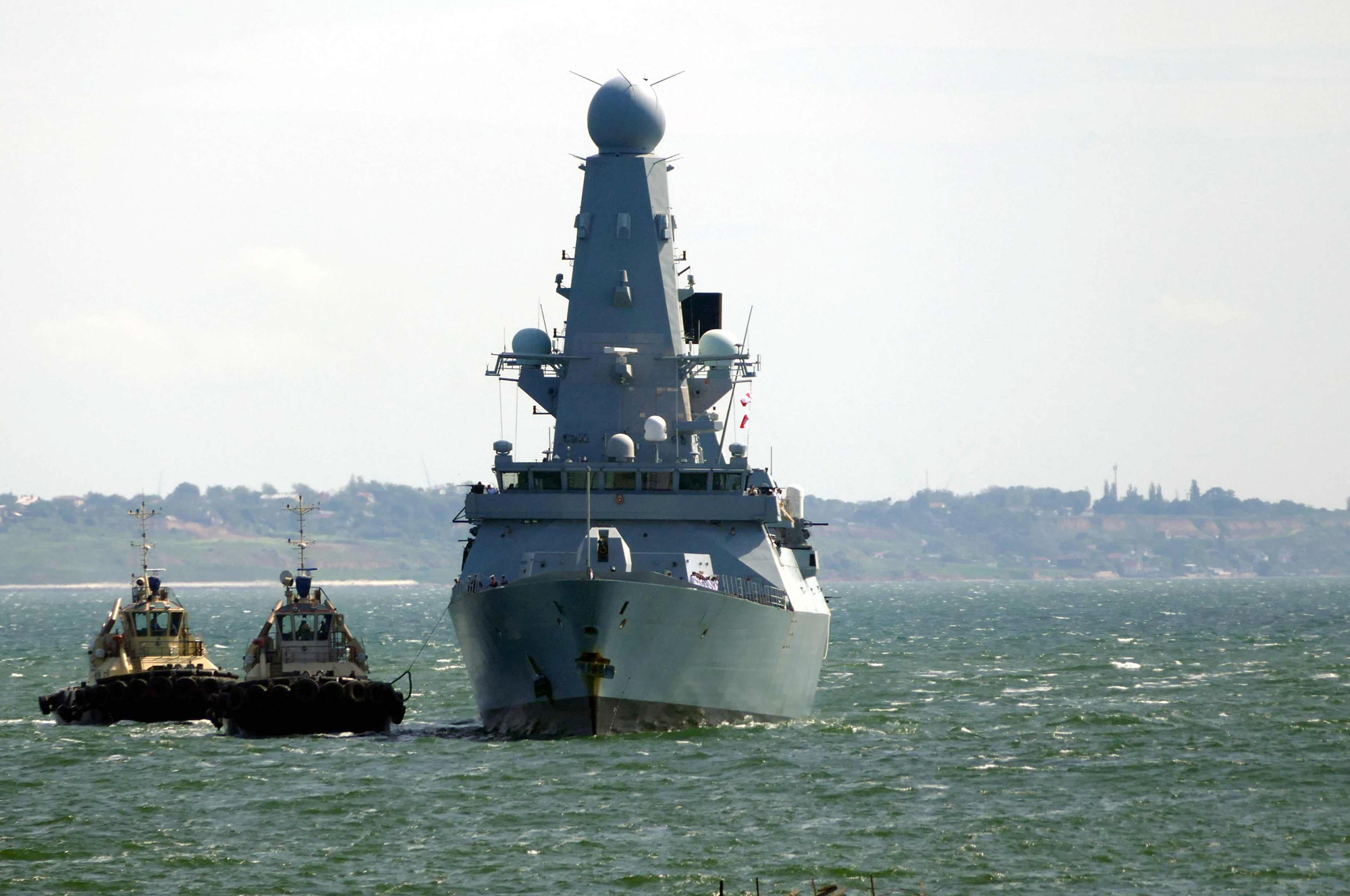 HMS Defender (D36) of the Royal Navy arrives at the port of Odesa, Ukraine.&nbsp;