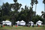 Tents for a monkeypox vaccination clinic set up at the Balboa Sports Center in Los Angeles, California.
