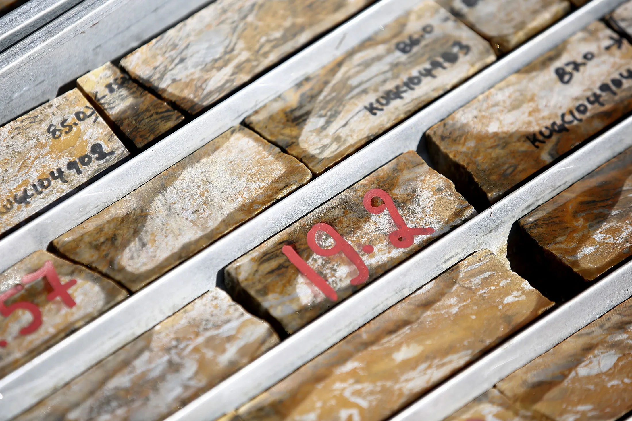 Rock samples are labeled with their gold content. Randgold is exploring further deposits in northeastern Democratic Republic of Congo with Moku Goldmines AG, controlled by Israeli billionaire Dan Gertler.
