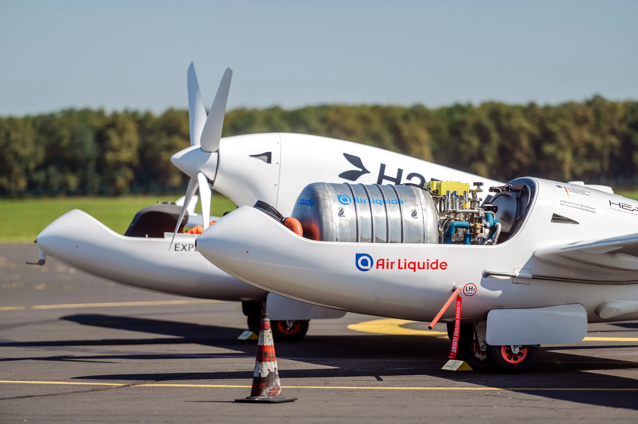 A liquid hydrogen-powered electric aircraft developed by H2FLY and partners during a test flight, in Slovenia, in September 2023.