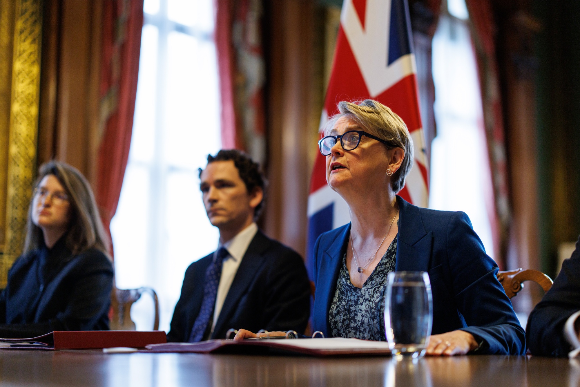 Yvette Cooper, UK foreign secretary, right, delivers the opening remarks as she chairs a virtual meeting to discuss the re-opening of the Strait of Hormuz, in London, UK, on Thursday, April 2, 2026. The meeting will consider a shared diplomatic approach to the challenge, as well as economic leverage such as sanctions, and could also set conditions for potential military options, if needed.