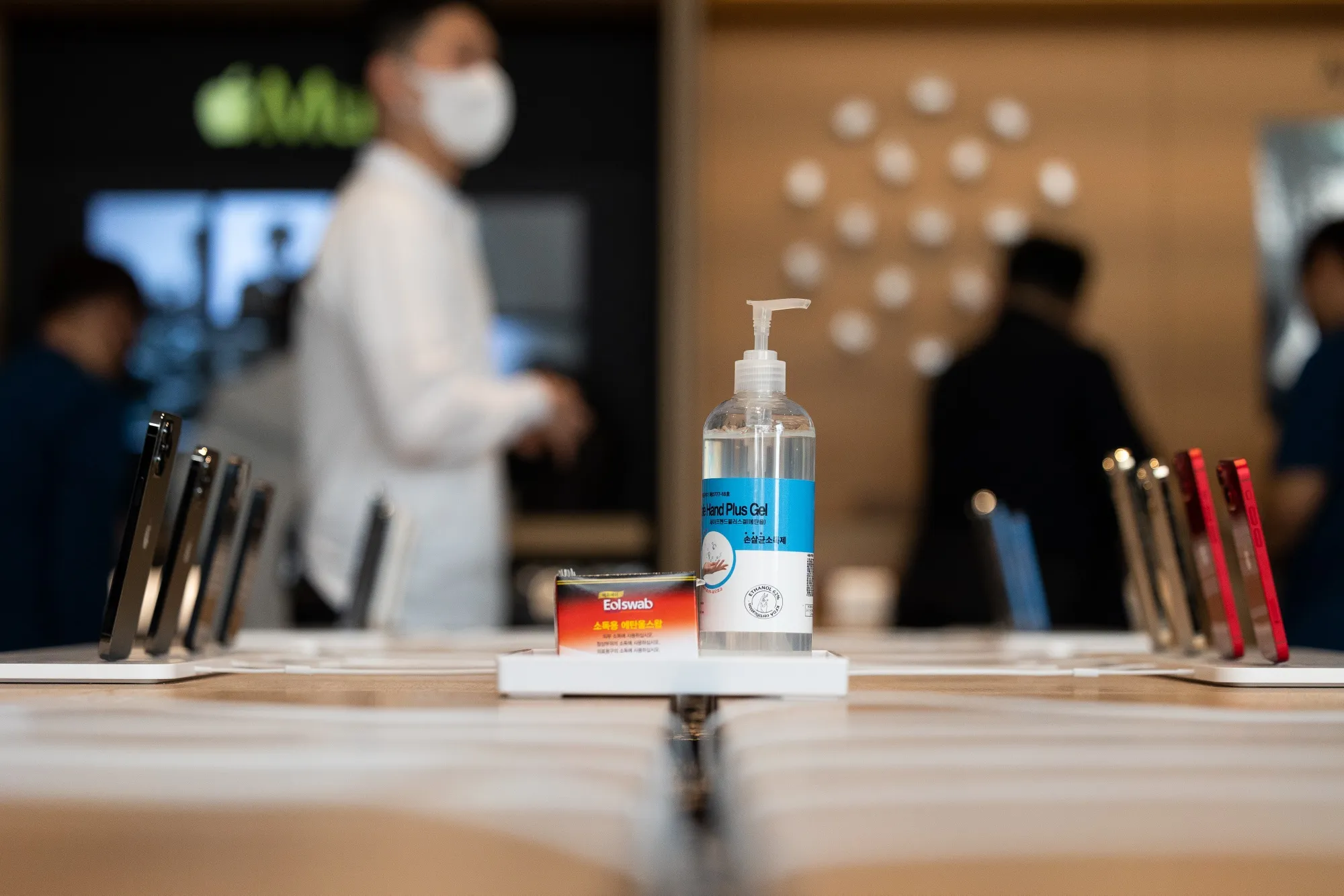A bottle of sanitizer at Apple’s&nbsp;Myeongdong store in Seoul.