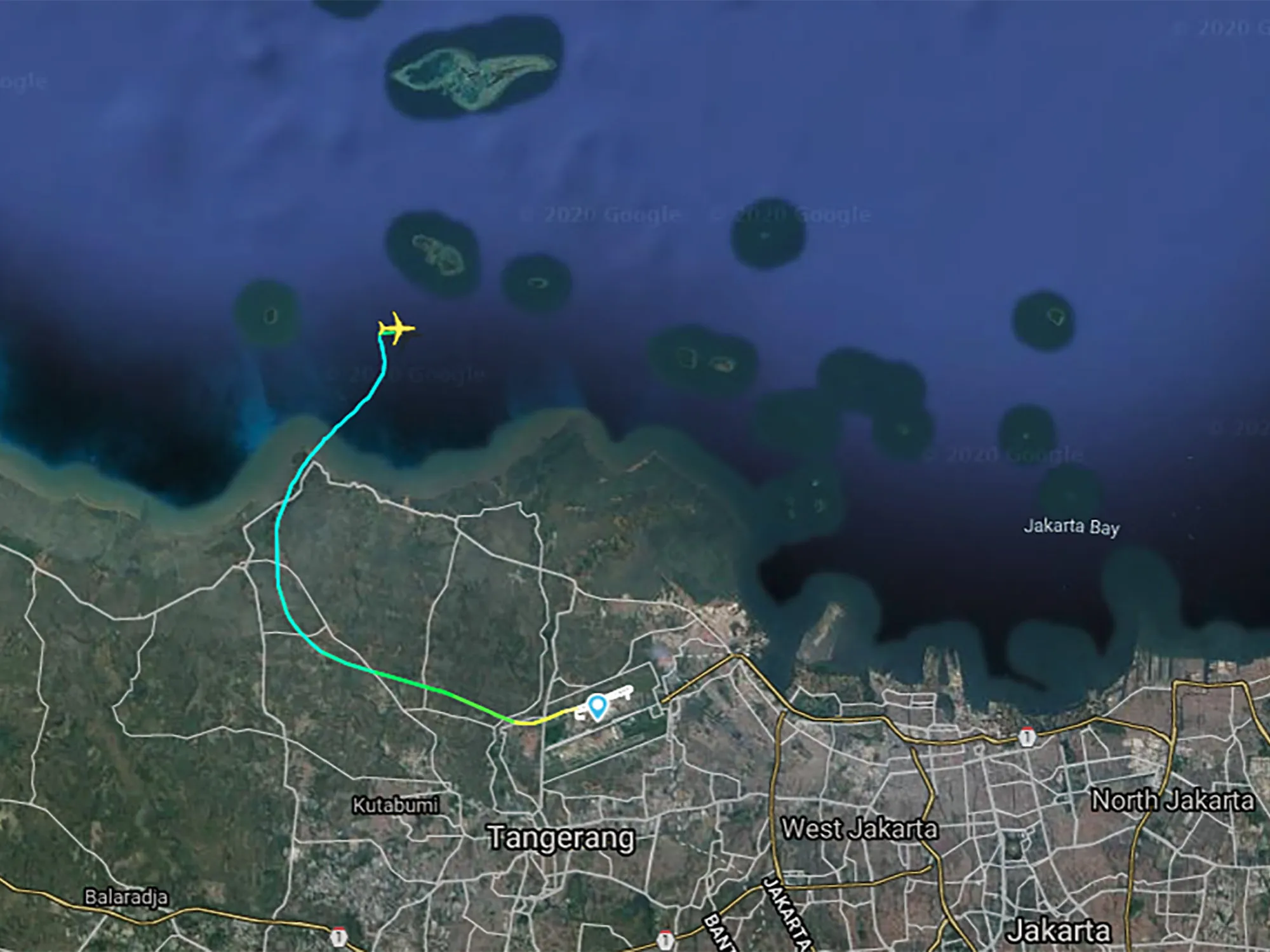 The indicated flight path of Sriwijaya Air Flight 182 after it departed Jakarta, Indonesia, on Jan. 9.