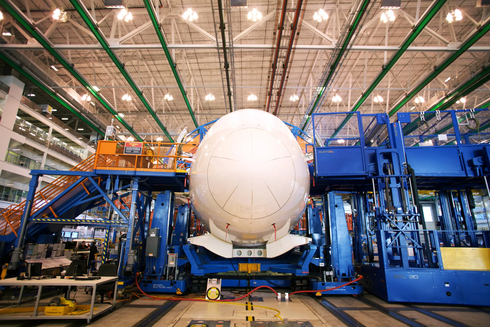 A Boeing Co. Dreamliner 787 plane sits on the production line at the company's final assembly facility in North Charleston, South Carolina.