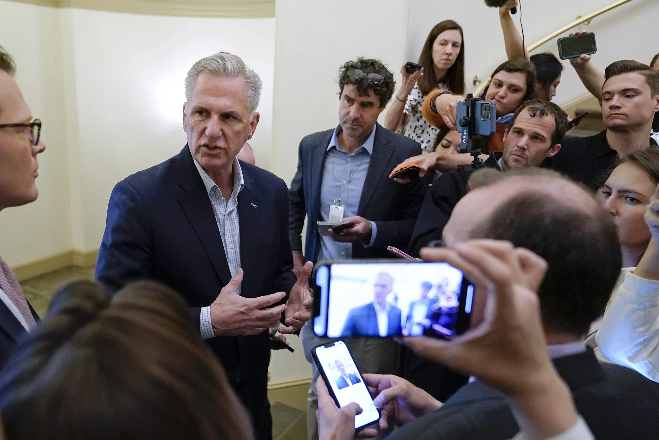 Kevin McCarthy speaks with members of the media about debt limit negotiations at the Capitol on&nbsp;May 27.