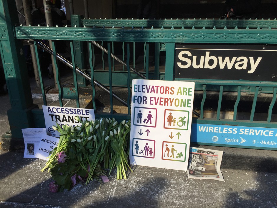 Transit and disability advocates gathered on Wednesday morning to mark the death of Malaysia Goodson, who fell to her death carrying a stroller down the 7th Avenue subway station stairs.