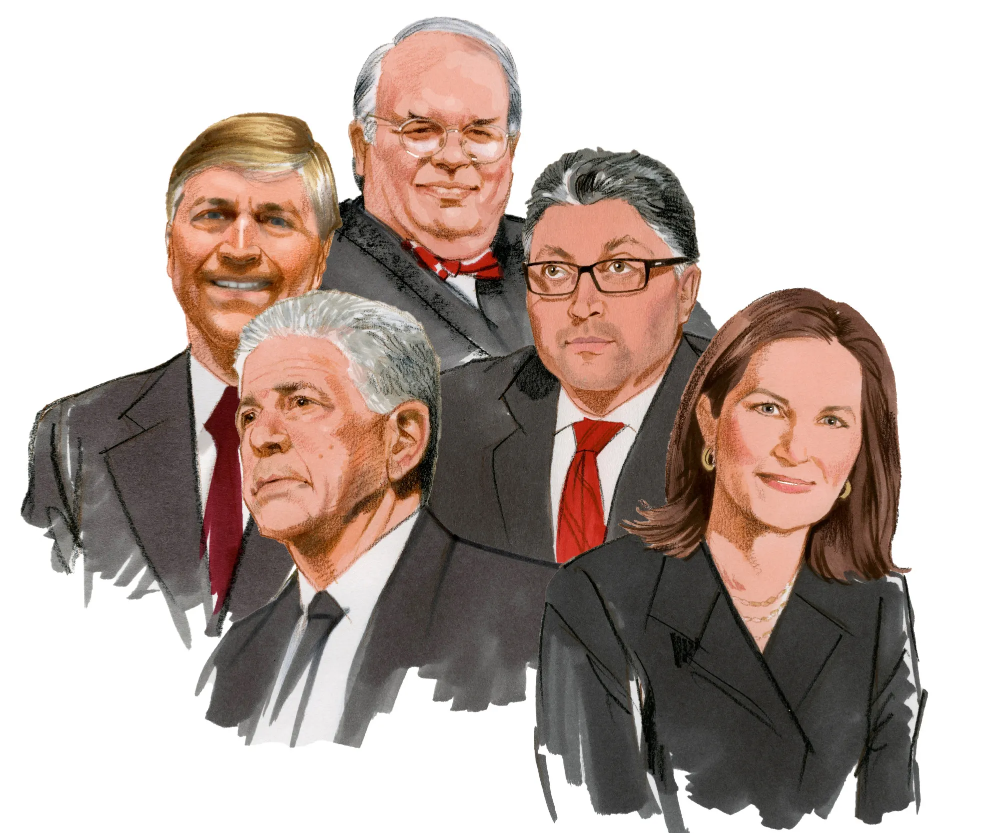 Clockwise from top left: Craig Conrath, Judge Richard Leon, Makan Delrahim, Christine Varney, Daniel Petrocelli.