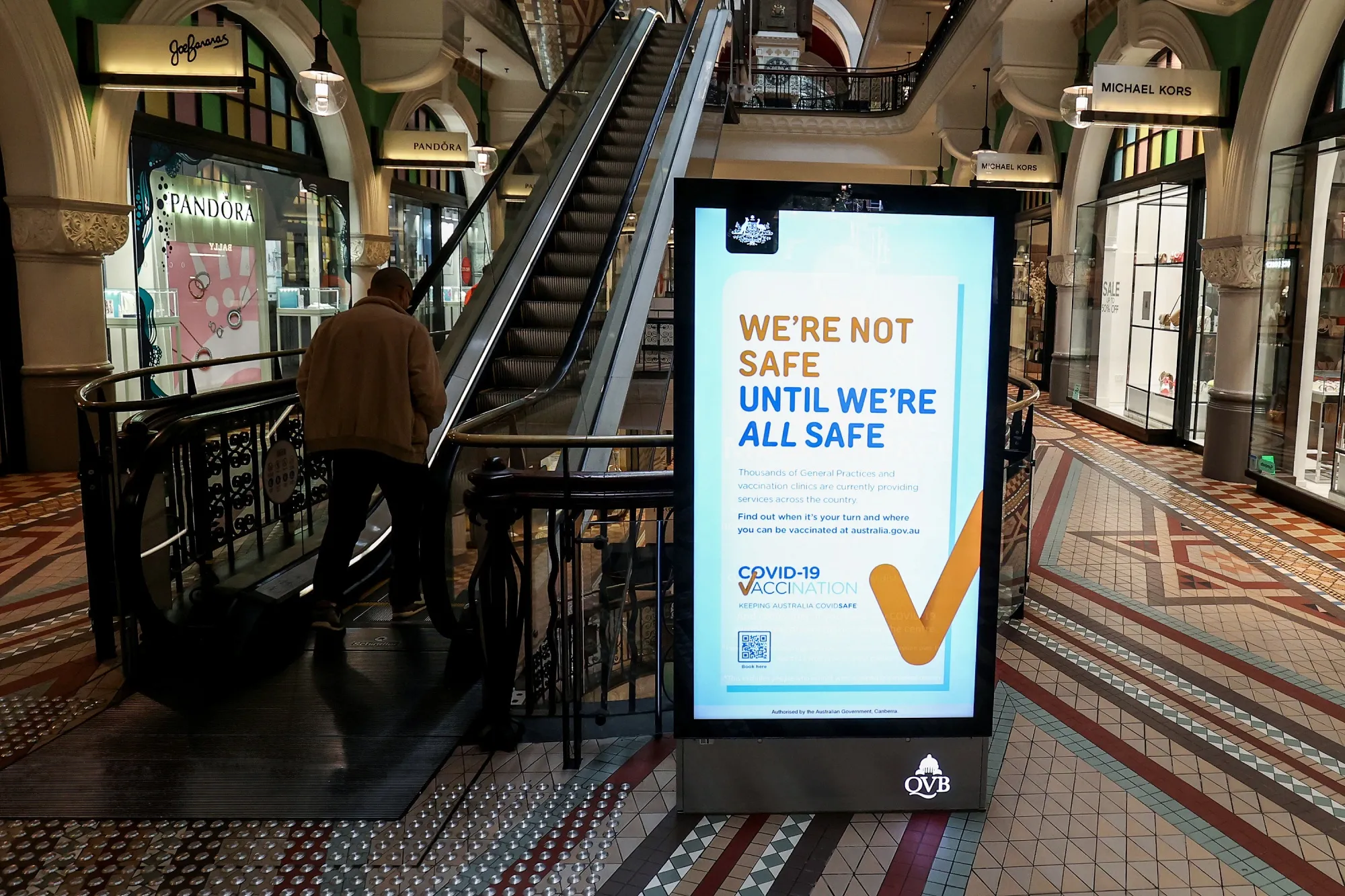 A sign promoting the vaccination program inside the Queen Victoria Building during a lockdown imposed due to the coronavirus in Sydney on June 29.