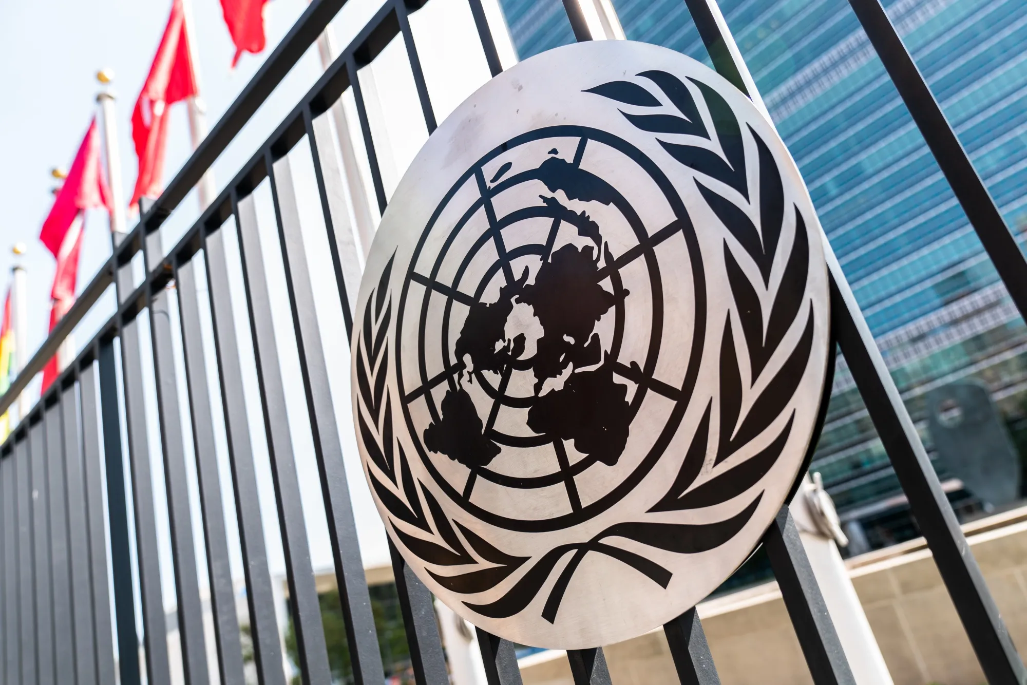 The United Nations logo&nbsp;in New York.