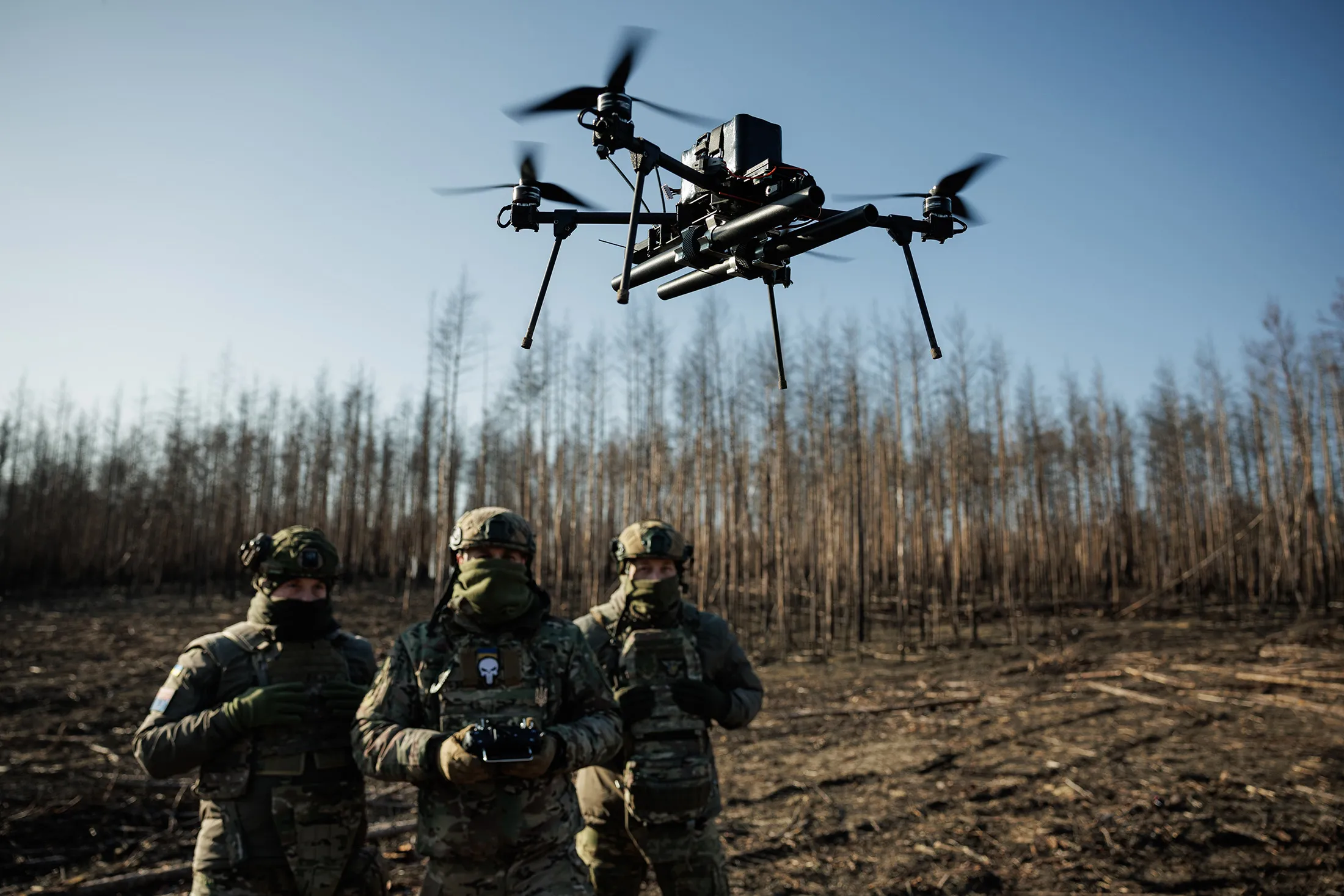 Ukrainian soldiers of Separate Presidential Brigade "Hetman Bohdan Khmelnytskyi" test a drone to hunt Russian drones on Feb. 10, 2025 in Donetsk.