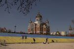 An area painted in the Ukrainian national flag in Kyiv, Ukraine. 