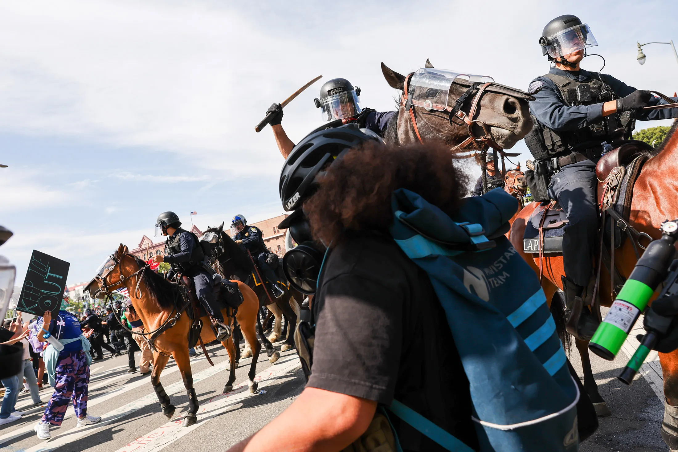 Demonstrators face off with police during the “No Kings” protest outside of a federal building in downtown Los Angeles on June 14.